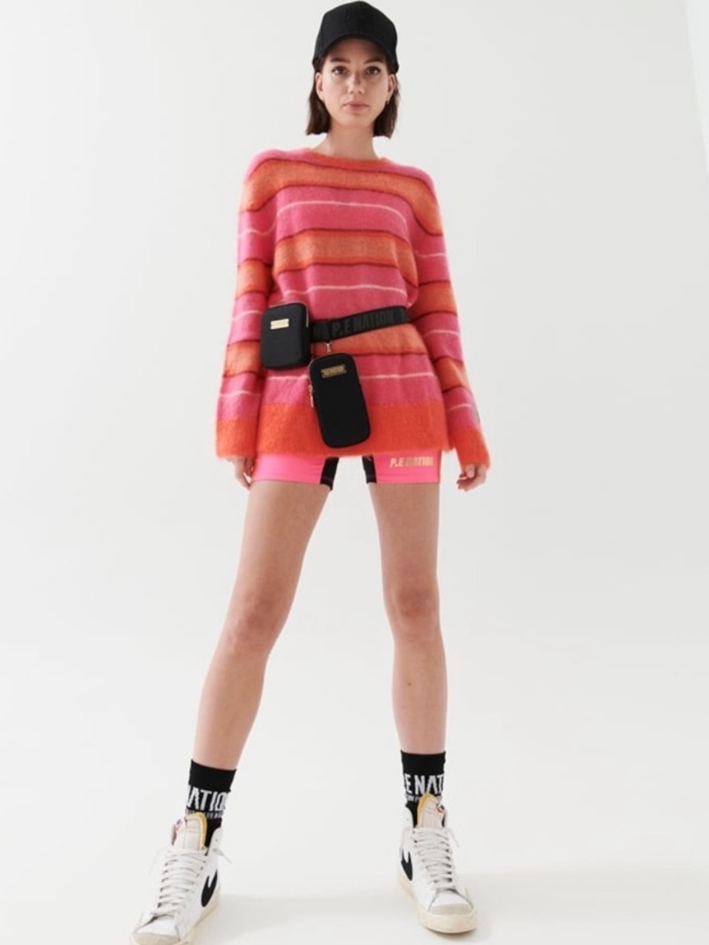 P.E Natiom Sweater Flyaway Mohair Blend Crew Neck in Striped Pink Orange